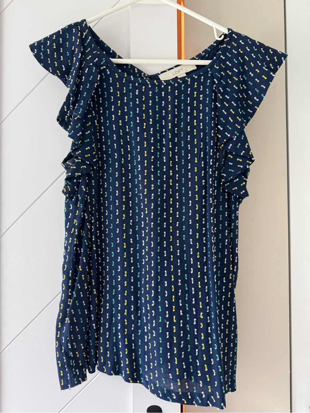 LOFT Navy Ruffle Sleeve Blouse with Lime & Aqua Micro Print